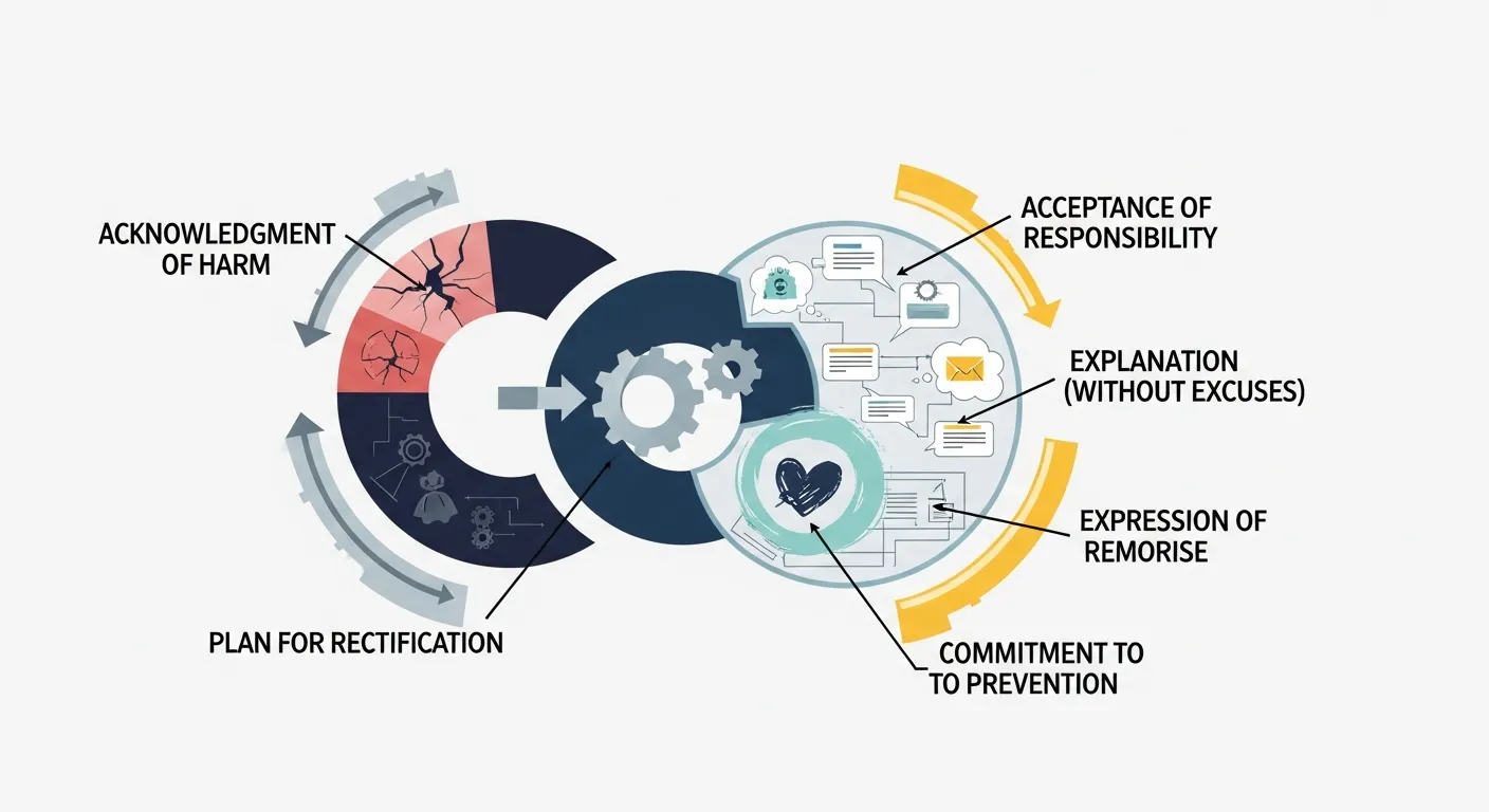 A corporate leader delivering a structured public apology while a team prepares a crisis communication strategy.