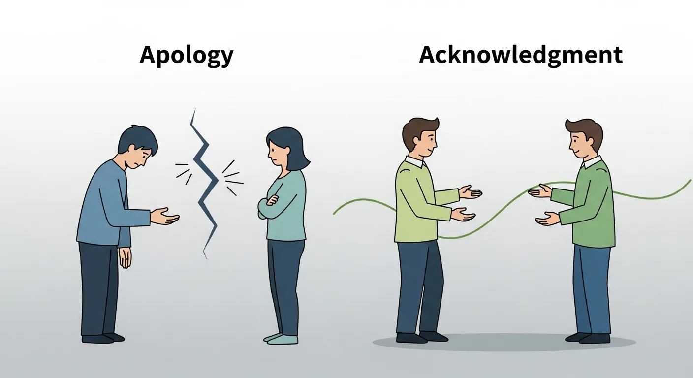 Side-by-side comparison chart illustrating differences between full apology and crisis acknowledgment in terms of responsibility, legal risk, and communication goals.