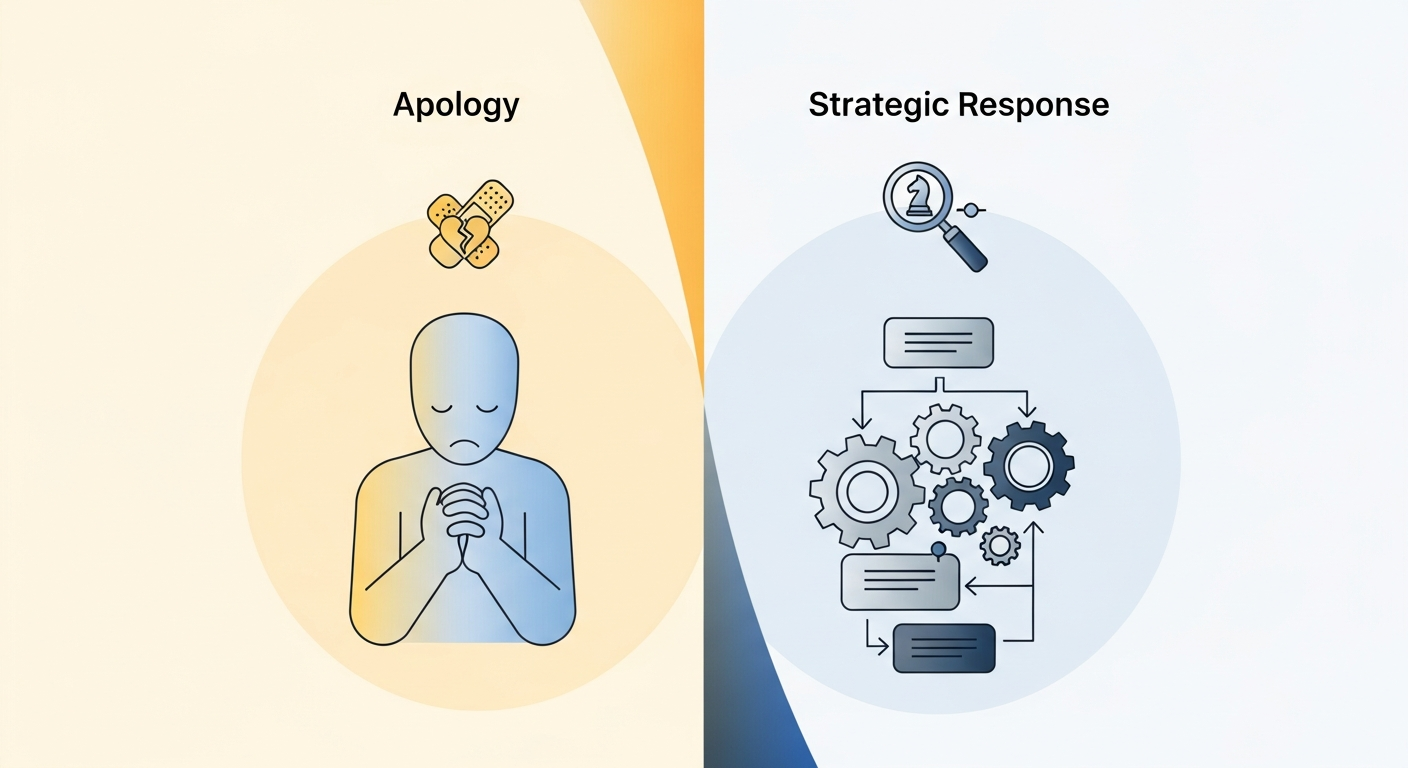 A comparison chart illustrating “Full Apology vs. Acknowledgment in Crisis Communication” with differences in responsibility, tone, and legal risk in a corporate crisis response.