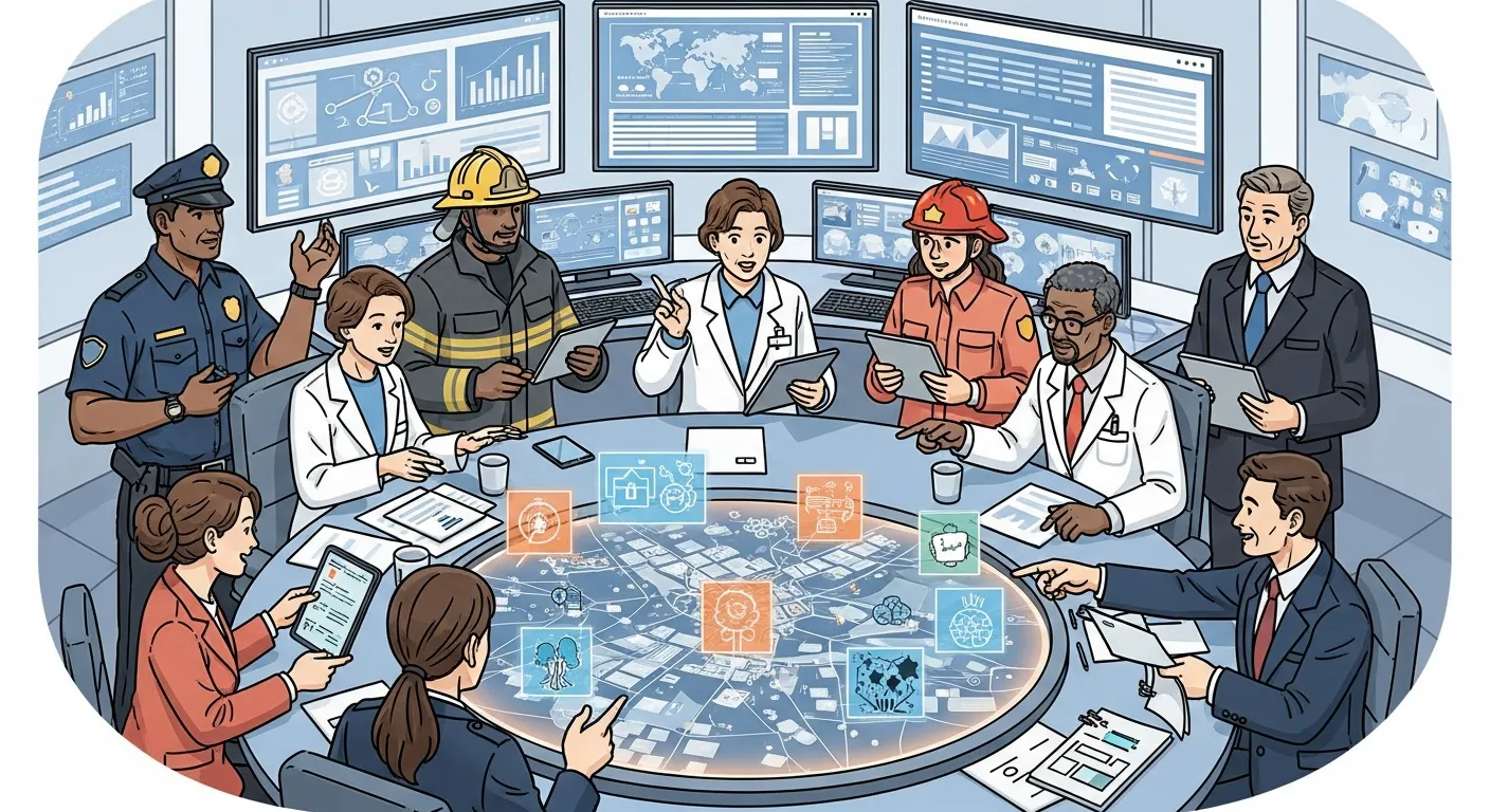 A professional team collaborating in a high-pressure meeting to plan and execute a crisis response strategy.