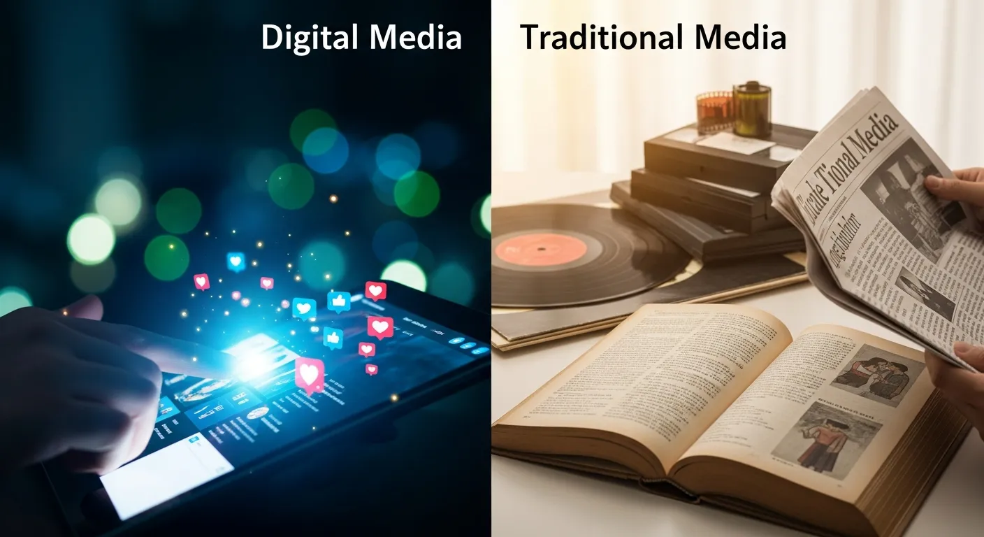 Side-by-side comparison chart showing digital media analytics dashboard versus traditional print and TV advertising formats