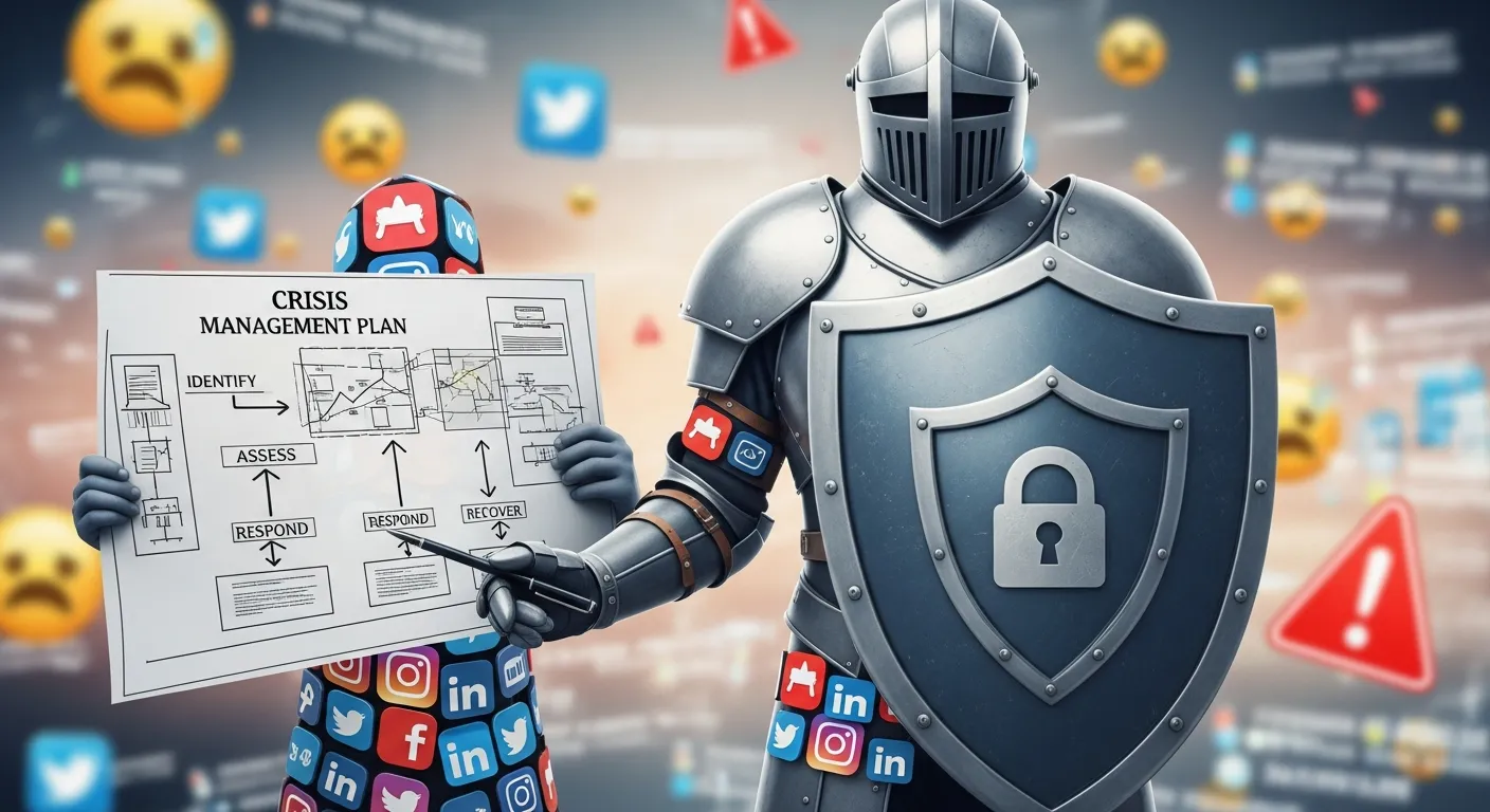 Business team creating a social media crisis management plan with defined roles, communication flow, and response strategy in a collaborative office setting