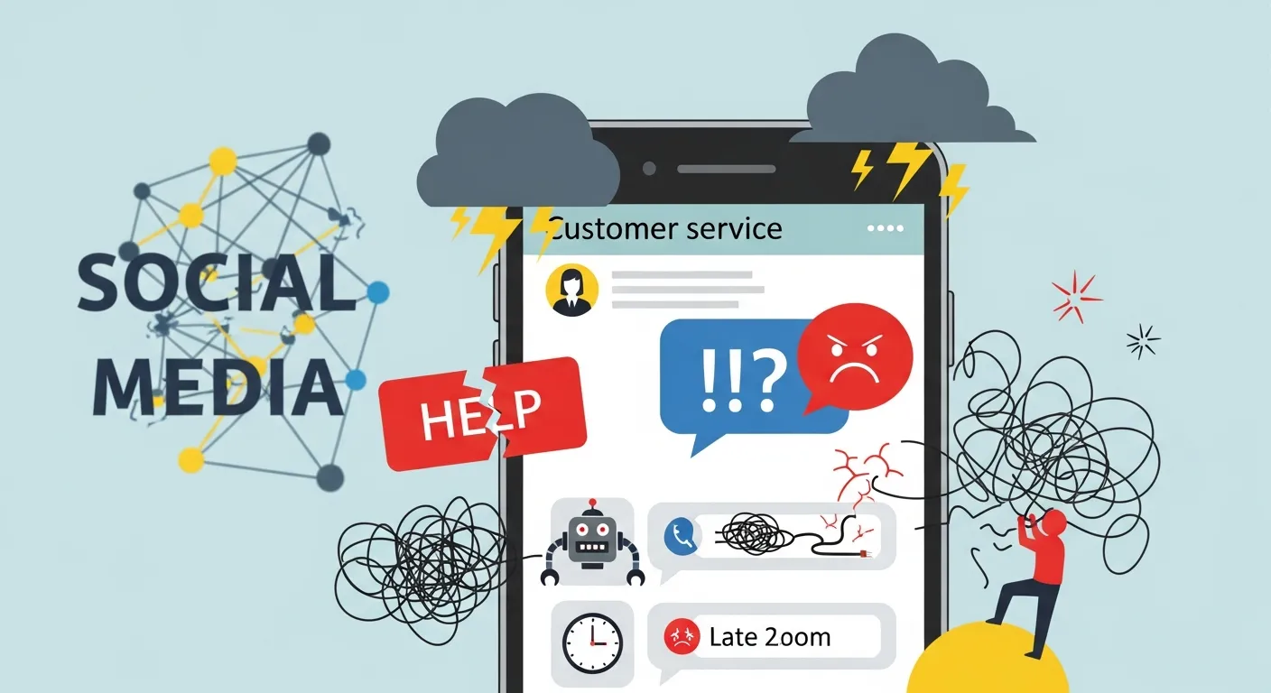 Customer complaints escalating on social media with brand support responding to negative feedback and managing online reputation