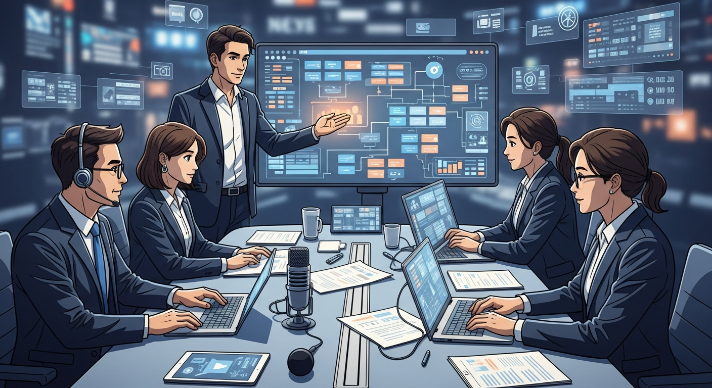 A corporate team analyzing social media feedback in real time, planning a crisis response strategy with laptops, charts, and communication dashboards in a meeting room.