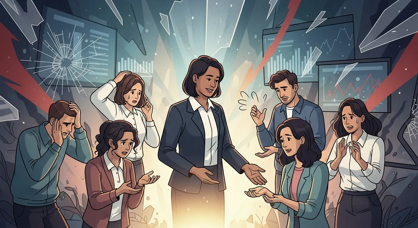 Leader calmly addressing a crisis situation while demonstrating empathy and clear crisis communication to stakeholders.