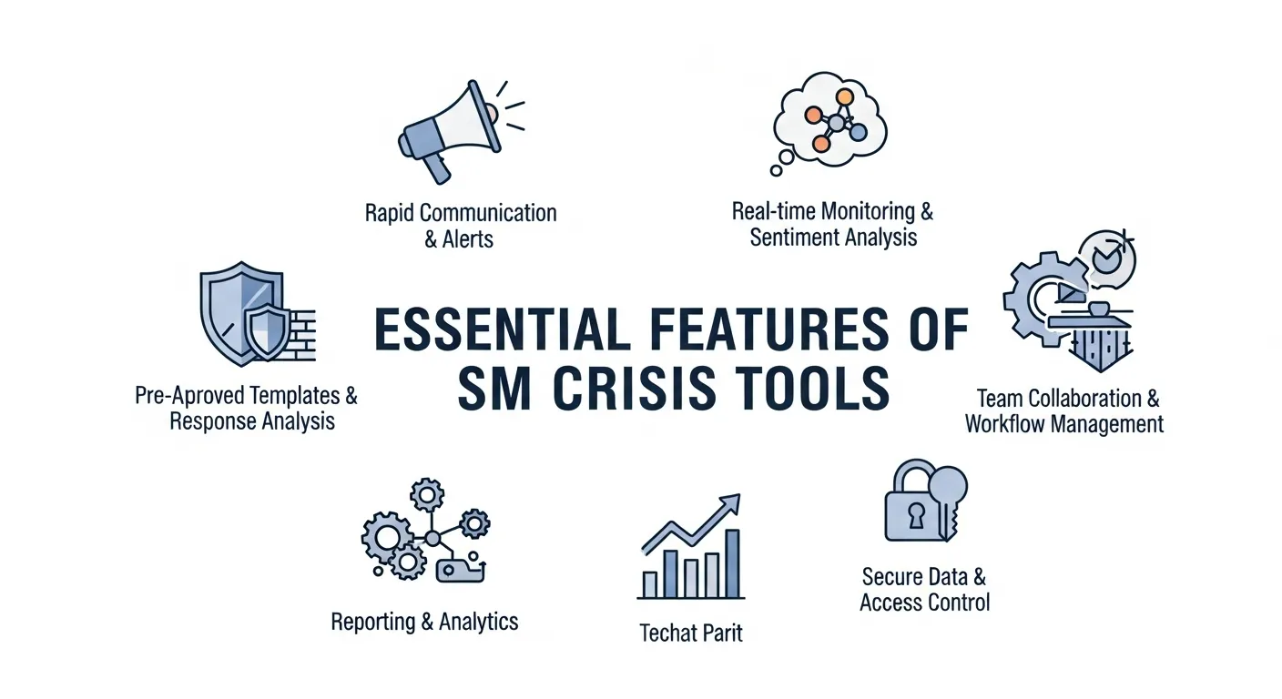 Dashboard of social media crisis management software displaying real-time monitoring, sentiment analysis, alerts, and analytics tools