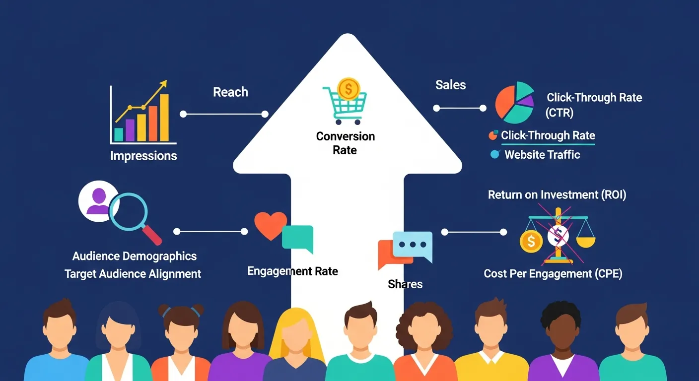 Social media analytics dashboard showing engagement rates, reach, impressions, and conversion metrics across platforms