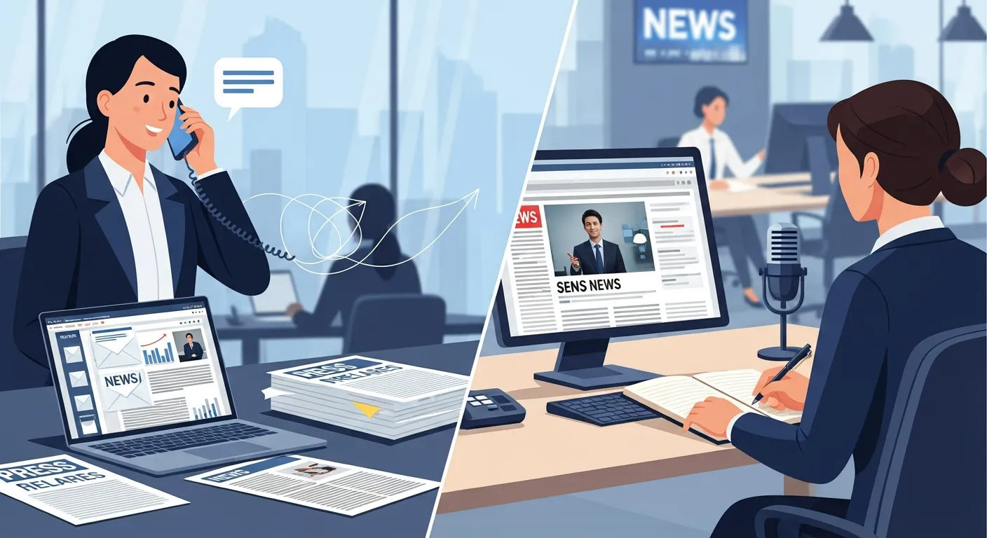 Step-by-step media relations workflow showing pitch creation, journalist outreach, follow-up, and media coverage tracking