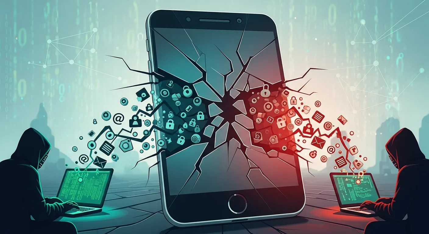 Illustration of phishing email, weak password, and malware attack vectors targeting social media users on smartphones and laptops