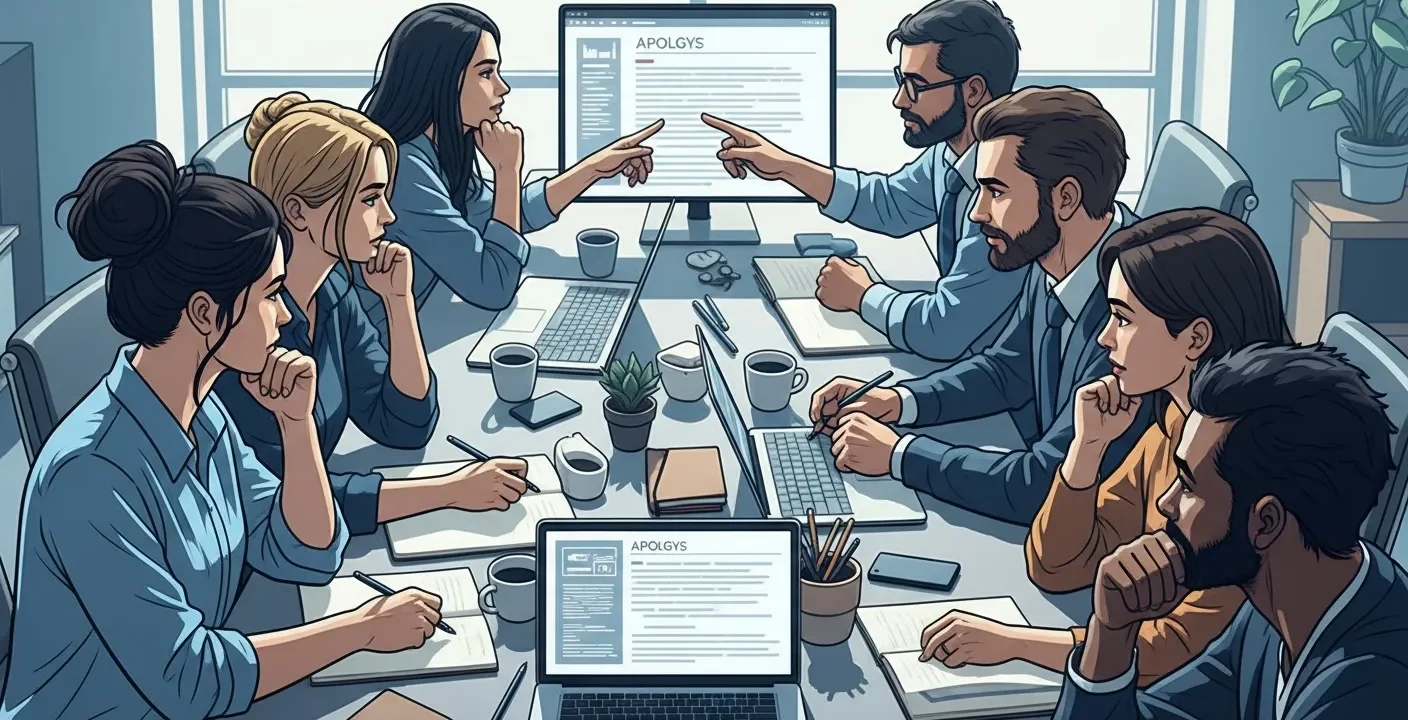 A marketing team crafting a sincere apology message during a brand crisis