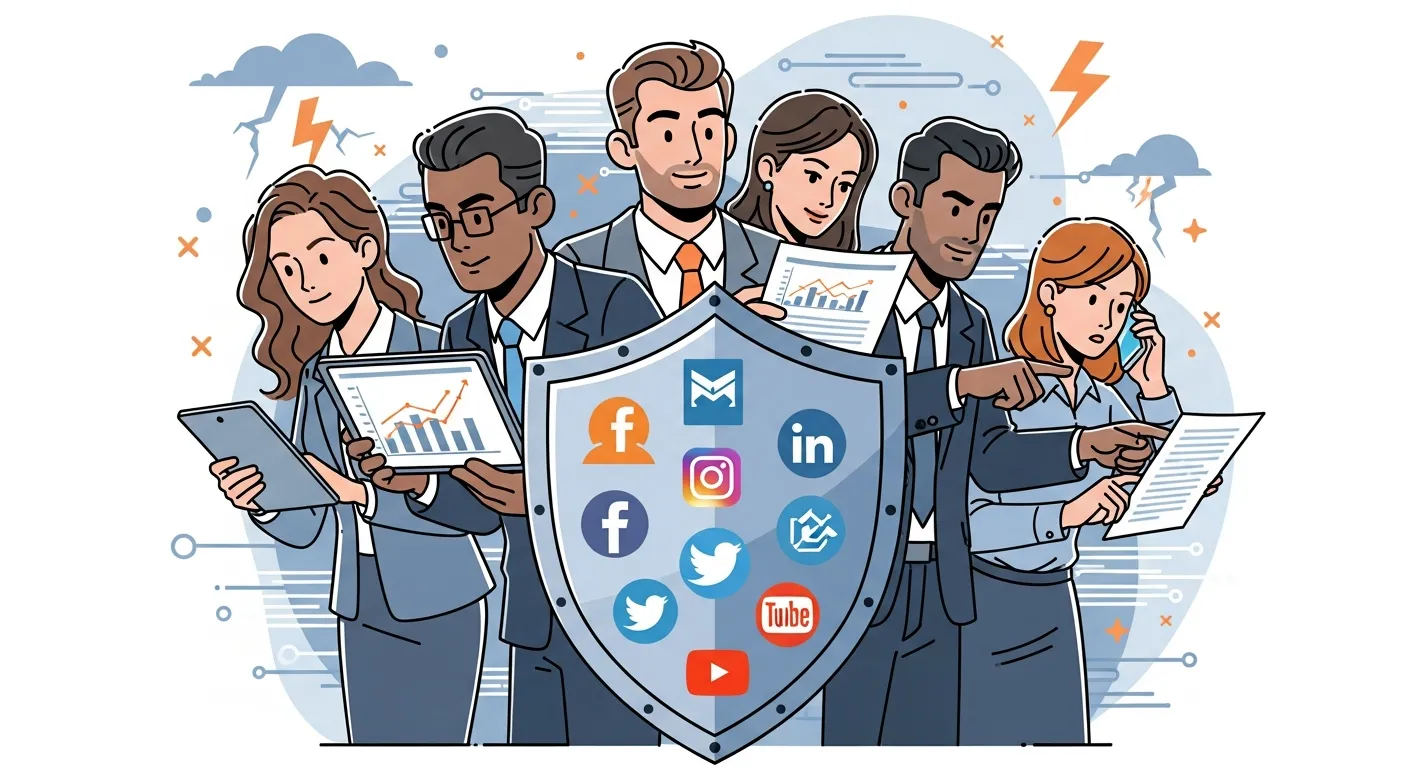 Corporate team preparing a social media crisis management strategy with analytics dashboards, planning sessions, and training exercises.