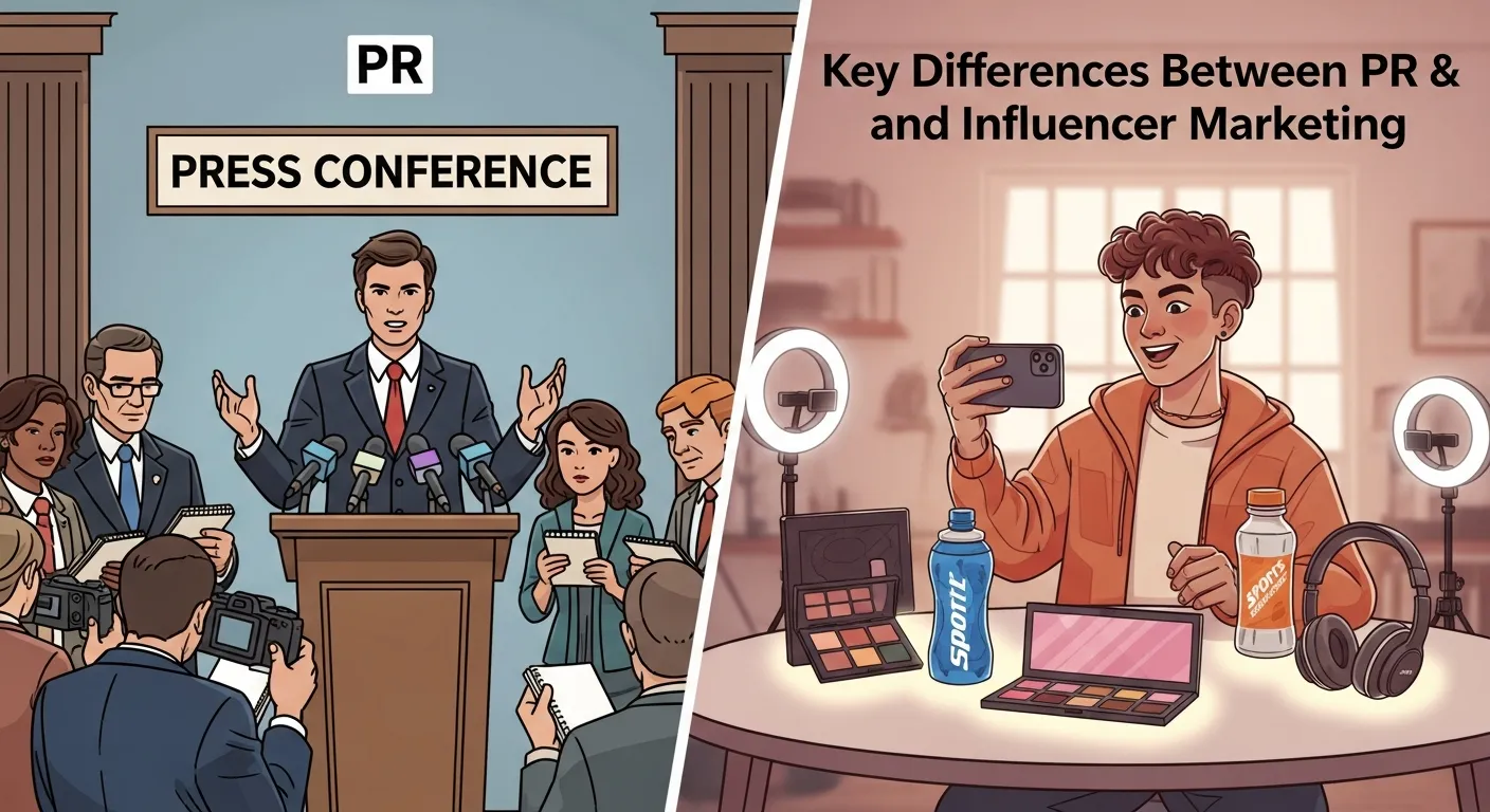 Visual comparison chart showing differences between PR and influencer marketing strategies including cost, control, and audience targeting