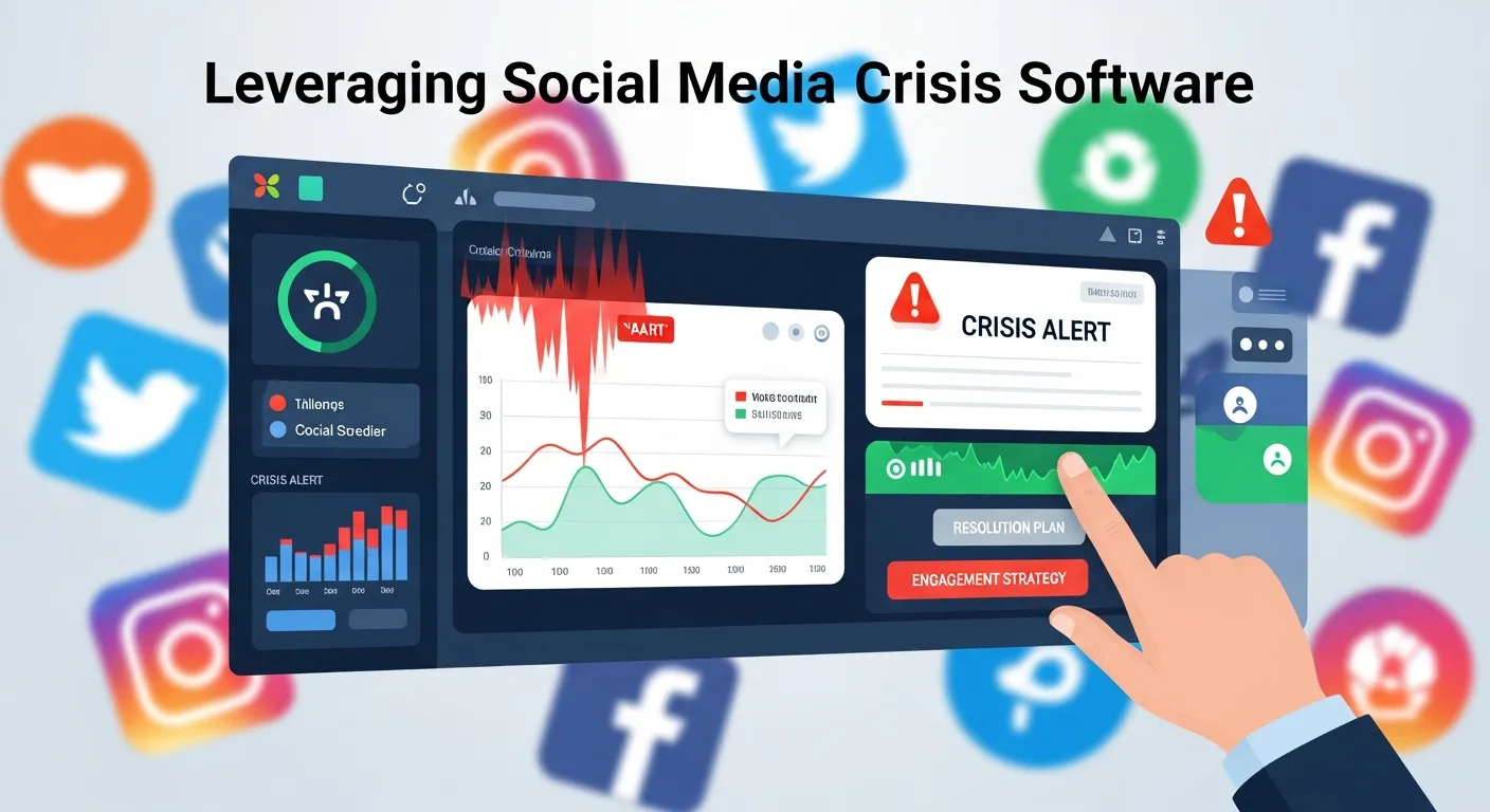 Social media crisis management software dashboard showing real-time monitoring, sentiment analysis, alerts, and analytics for brand protection