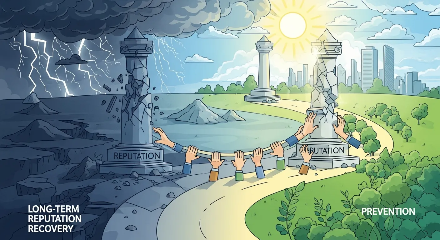 Business team working on long-term reputation recovery, SEO strategy, and trust-building efforts after managing a social media crisis.