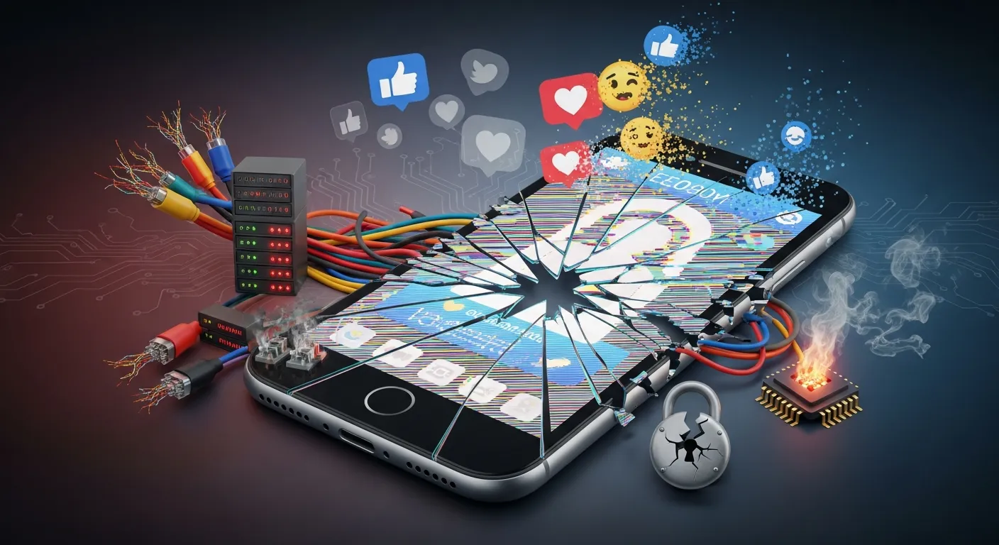 Marketing team dealing with social media automation errors and technical glitches causing crisis, shown through dashboards and system alerts