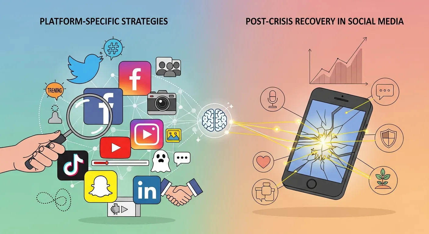 Social media team managing crisis response across multiple platforms, adapting messaging and analyzing audience reactions in real time