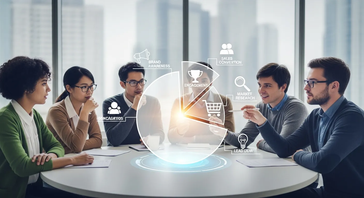 Influencer marketing strategy planning session with team defining campaign goals and KPIs on a whiteboard