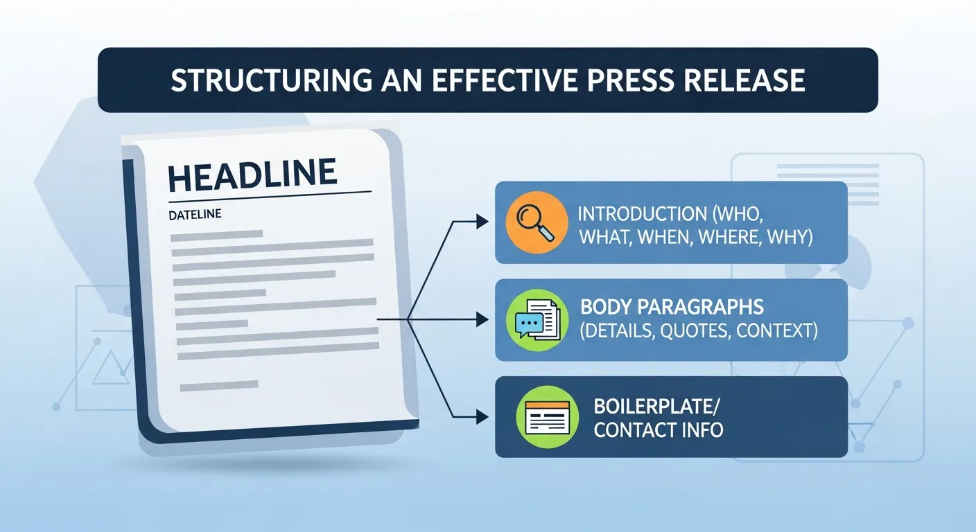 Structured press release showing headline, lead paragraph, quotes, and contact details