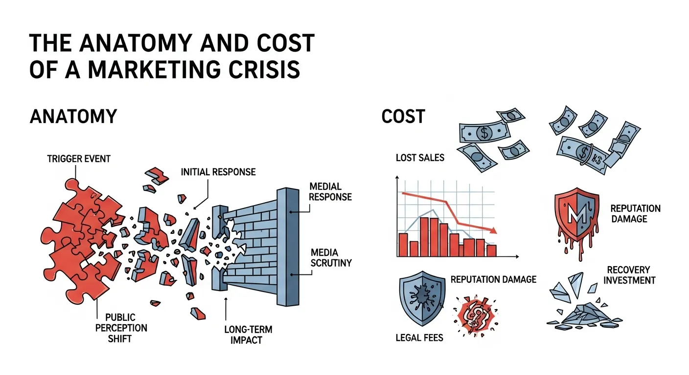 Business experiencing marketing crisis with falling performance metrics, negative media coverage, and team analyzing financial and reputational damage