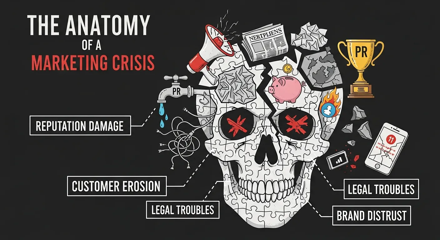 Illustration showing how a social media crisis spreads rapidly across platforms with negative comments, viral posts, and brand reputation impact