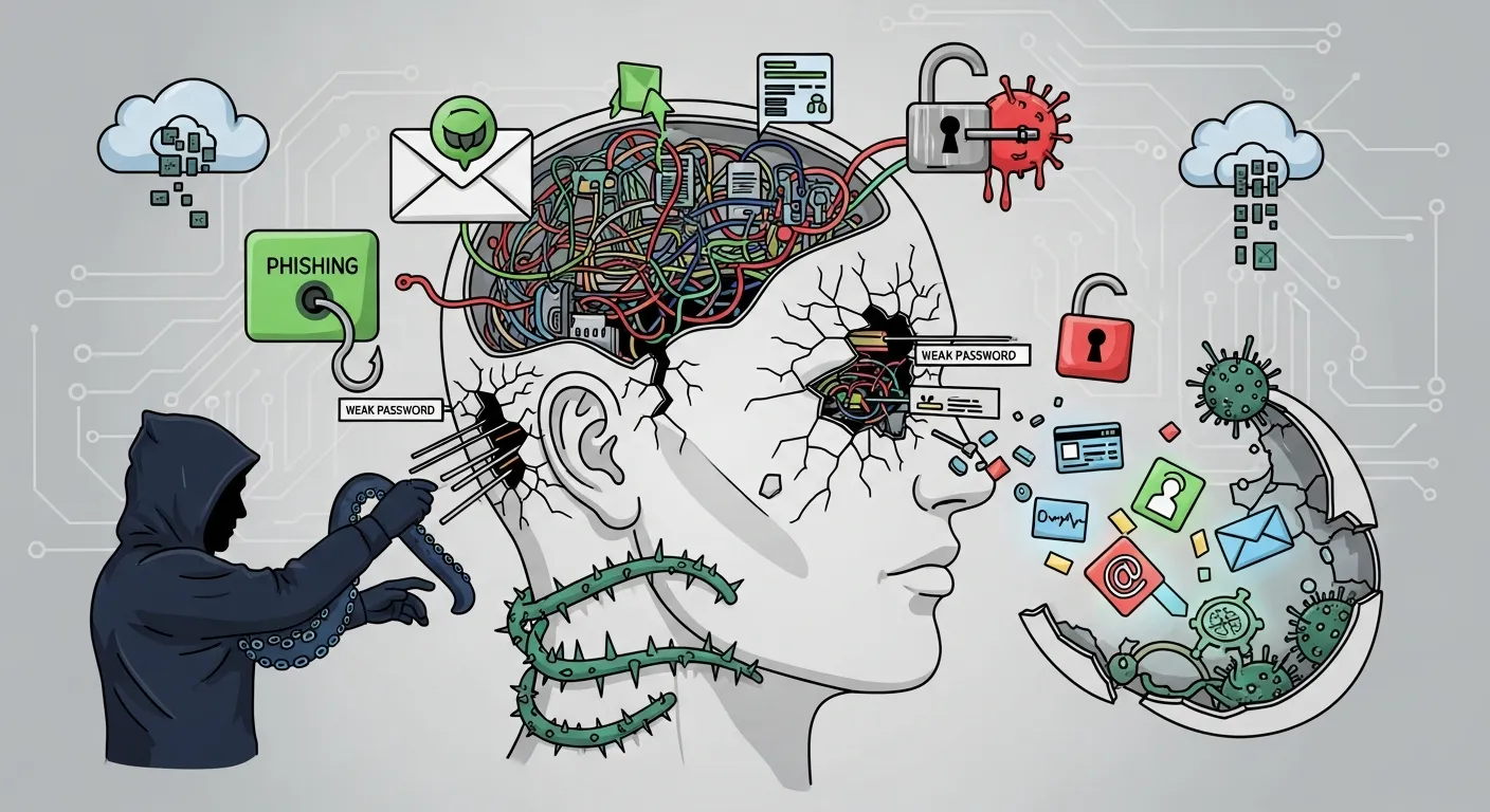 Hacker accessing multiple social media accounts on a dark-themed digital interface showing compromised user profiles and data flow