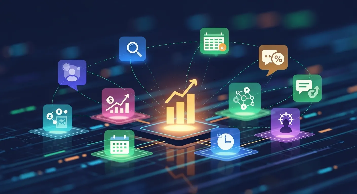 Digital marketing tools interface displaying influencer analytics, UTM tracking links, and campaign performance reports across multiple platforms