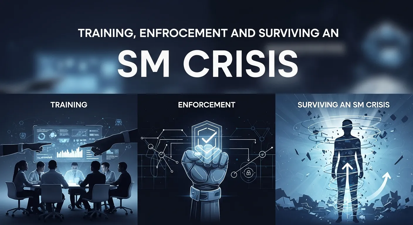 Teams training on social media policies, monitoring brand mentions, and managing crisis response strategies during an active social media crisis.