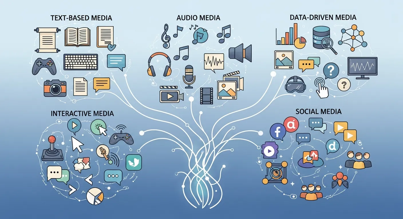Collage of digital media formats including text articles, social media posts, podcasts, videos, and mobile apps on multiple devices