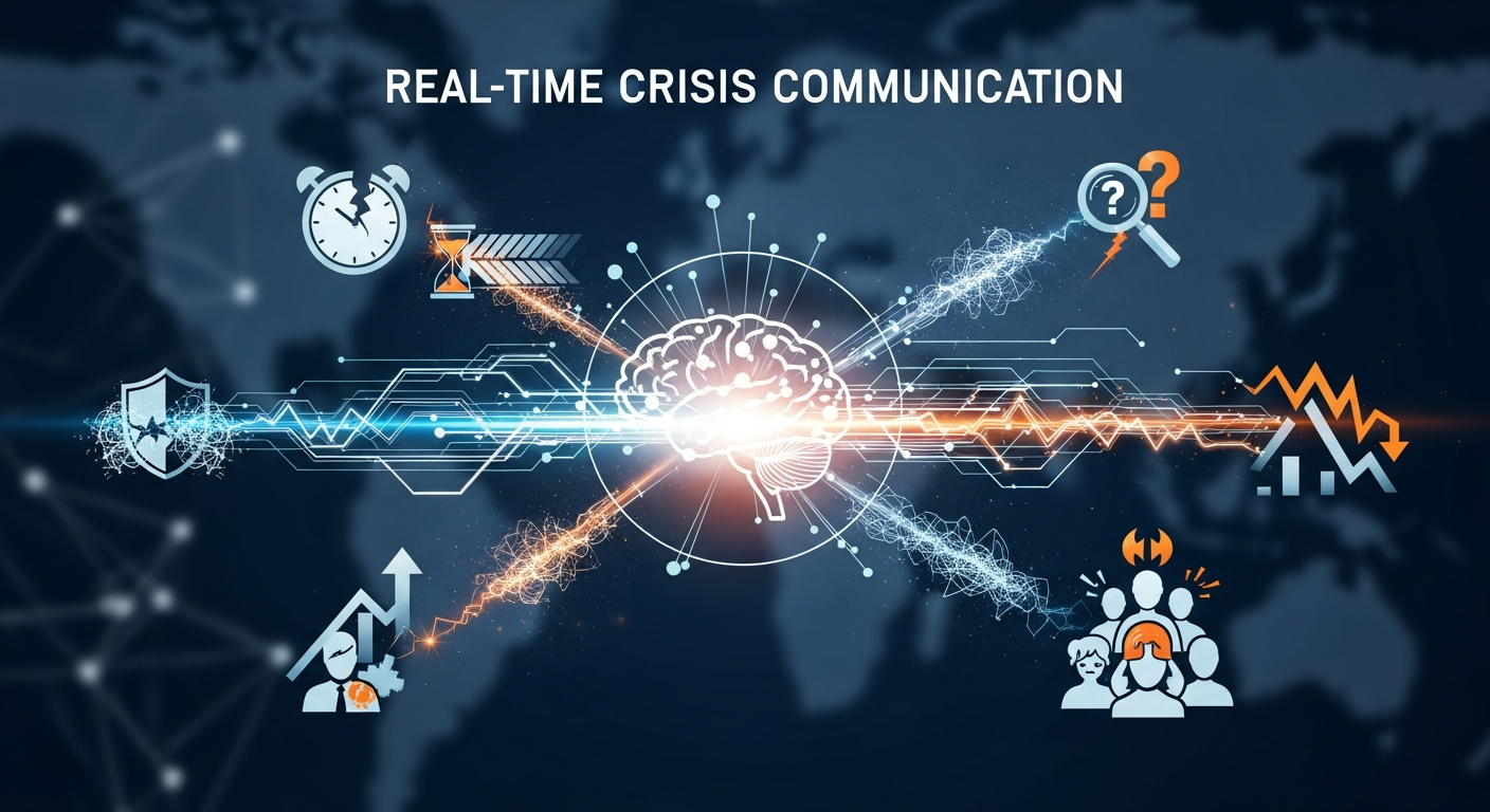 A real-time crisis communication dashboard showing live alerts, social media monitoring, and a team responding to an emerging digital crisis.