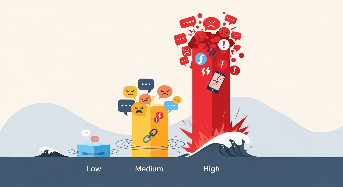 A digital analytics dashboard showing rising social media mentions, trending negative comments, and crisis alerts indicating an escalating online brand reputation issue.