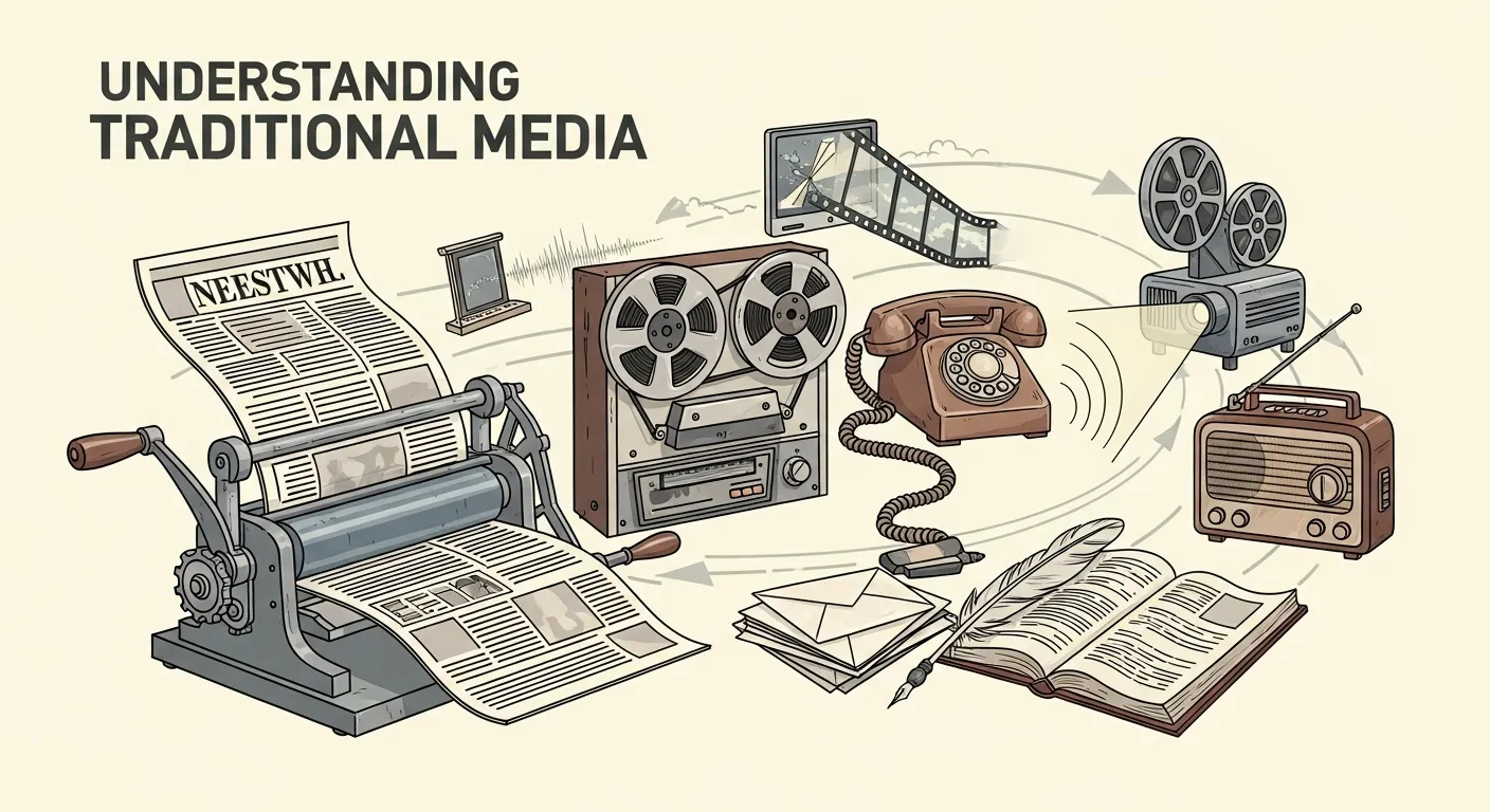 Newspapers, television broadcasting tower, radio studio, and billboards representing traditional mass communication channels