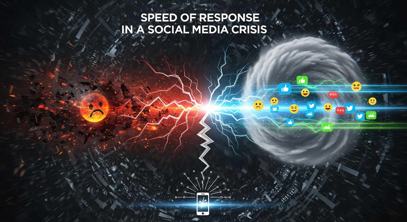 Crisis response team reacting quickly to a breaking social media crisis with urgent alerts and fast decision-making.