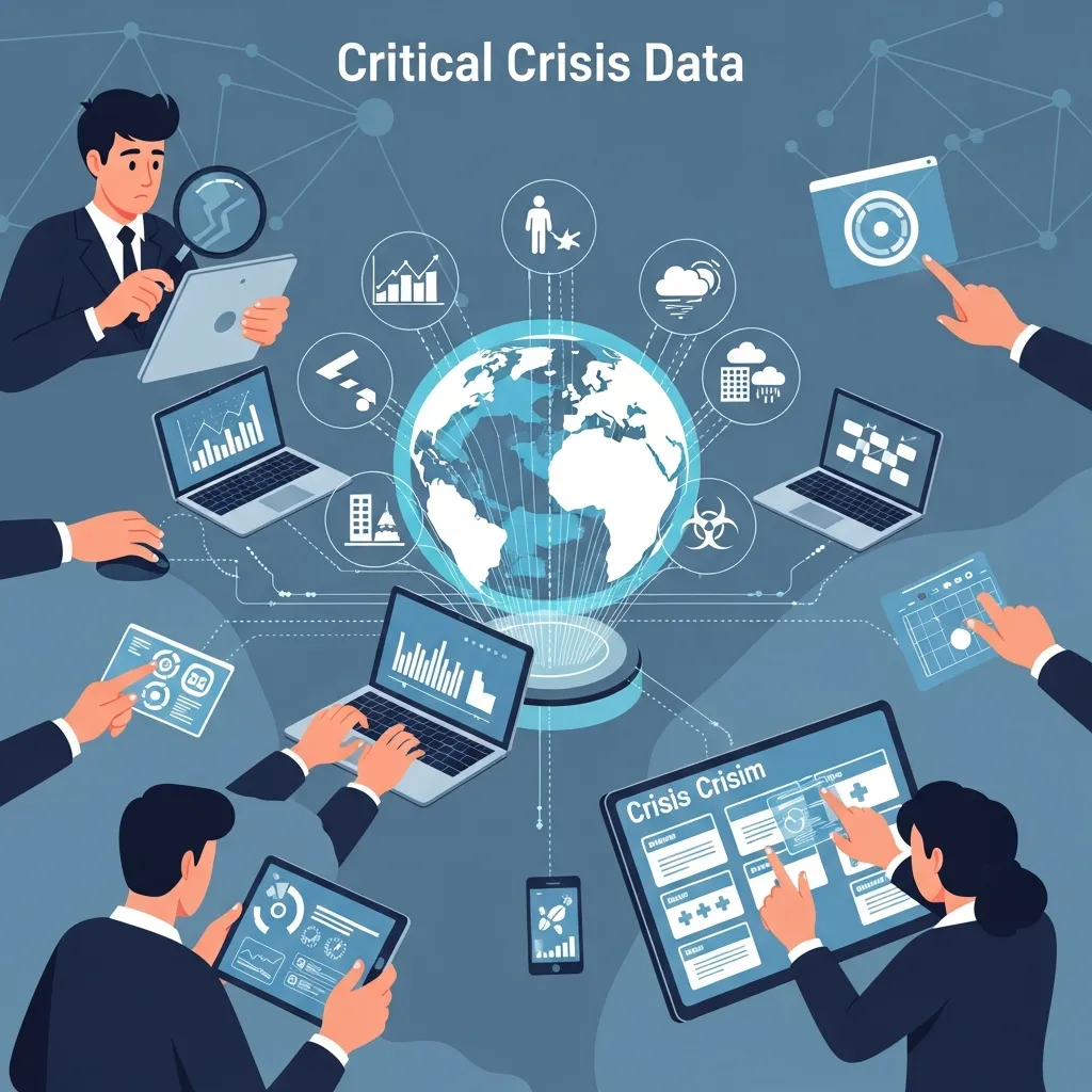 Centralized data repository concept with icons representing internal documentation, communication archives, and stakeholder feedback, symbolizing the process of collecting and organizing critical crisis data