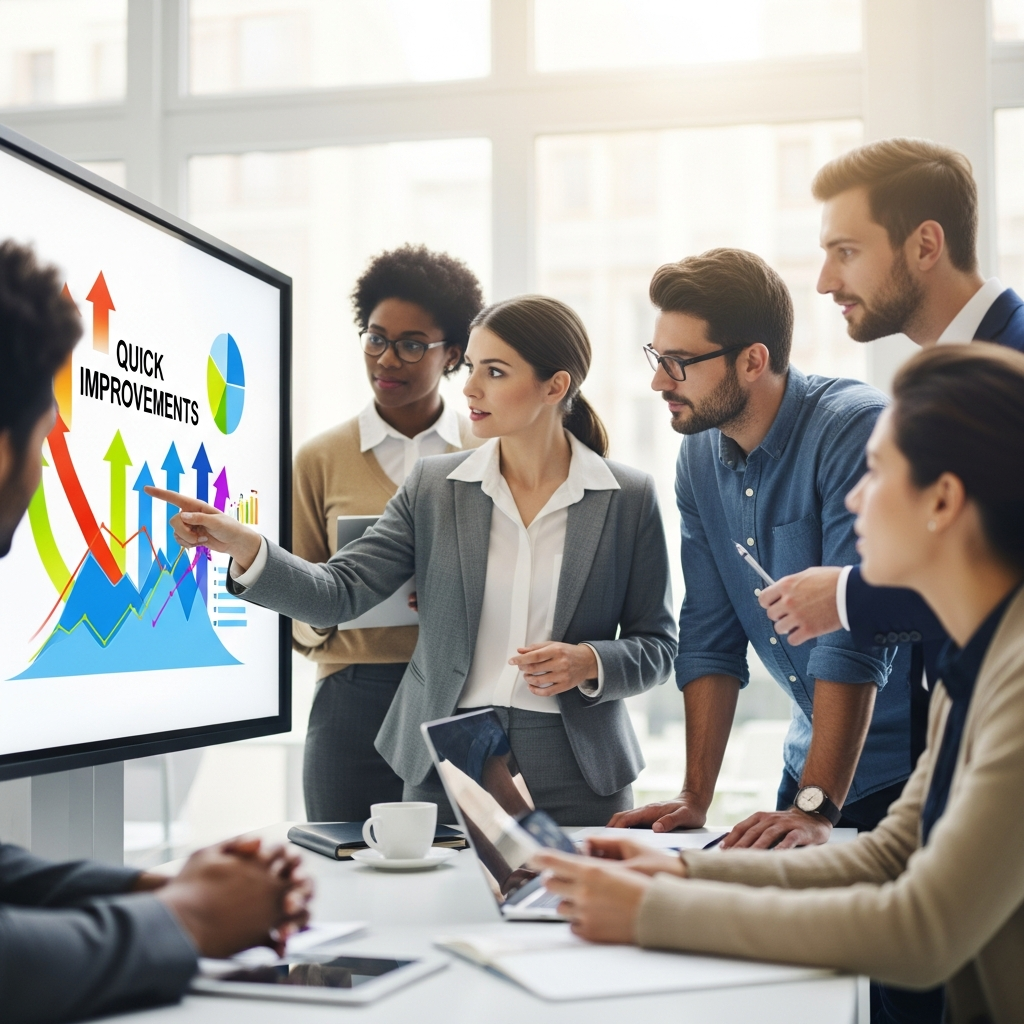 Root-Cause Analysis & Performance Dashboard: a split-screen visual featuring a large fishbone (Ishikawa) diagram tracing ‘5 Whys’ to core issues on one side, and on the other side dynamic charts and KPI gauges (time-to-response, stakeholder satisfaction, media coverage) tracking performance against benchmarks