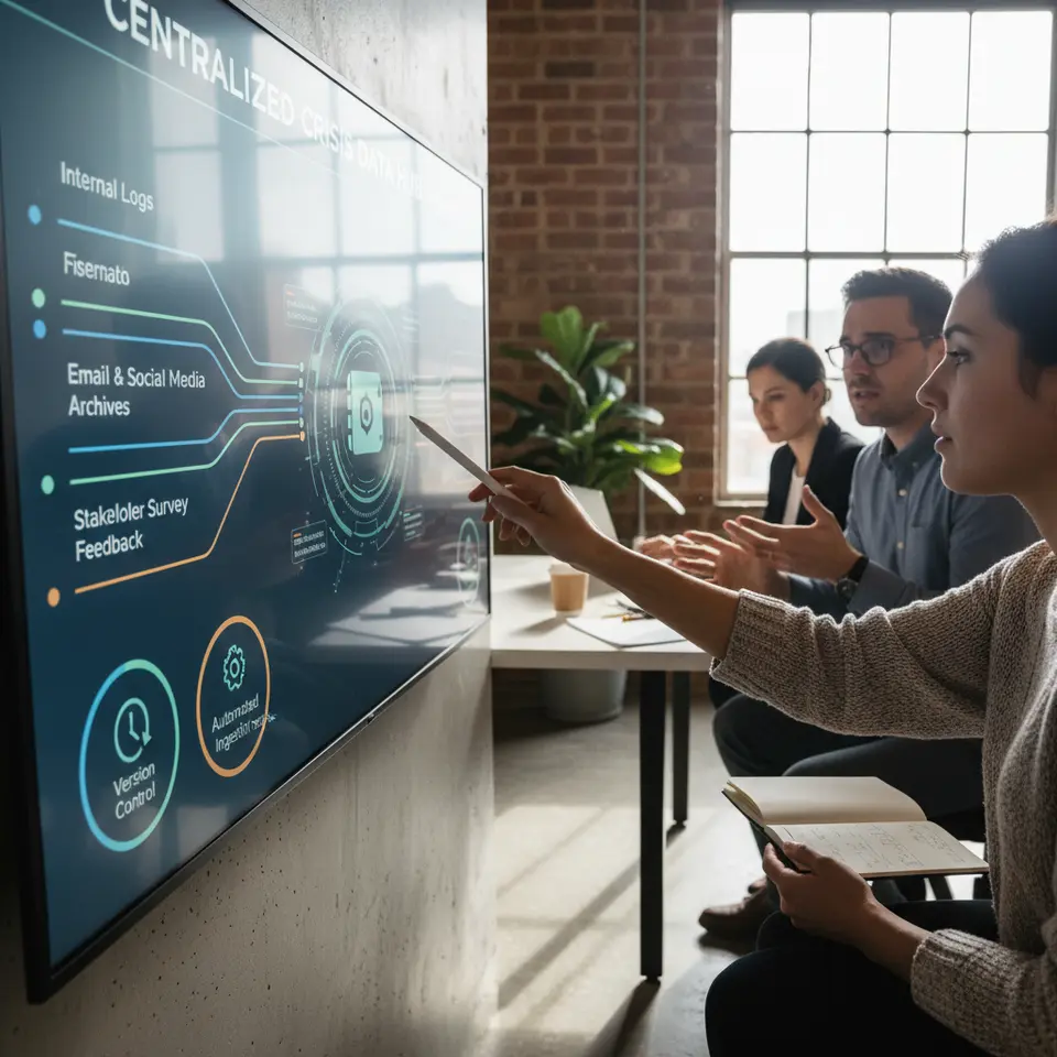 Centralized Crisis Data Hub: an illustrated digital dashboard showing converging streams of internal logs, email and social media archives, and stakeholder survey feedback flowing into a secure, metadata-tagged repository, with icons for version control and automated ingestion tools