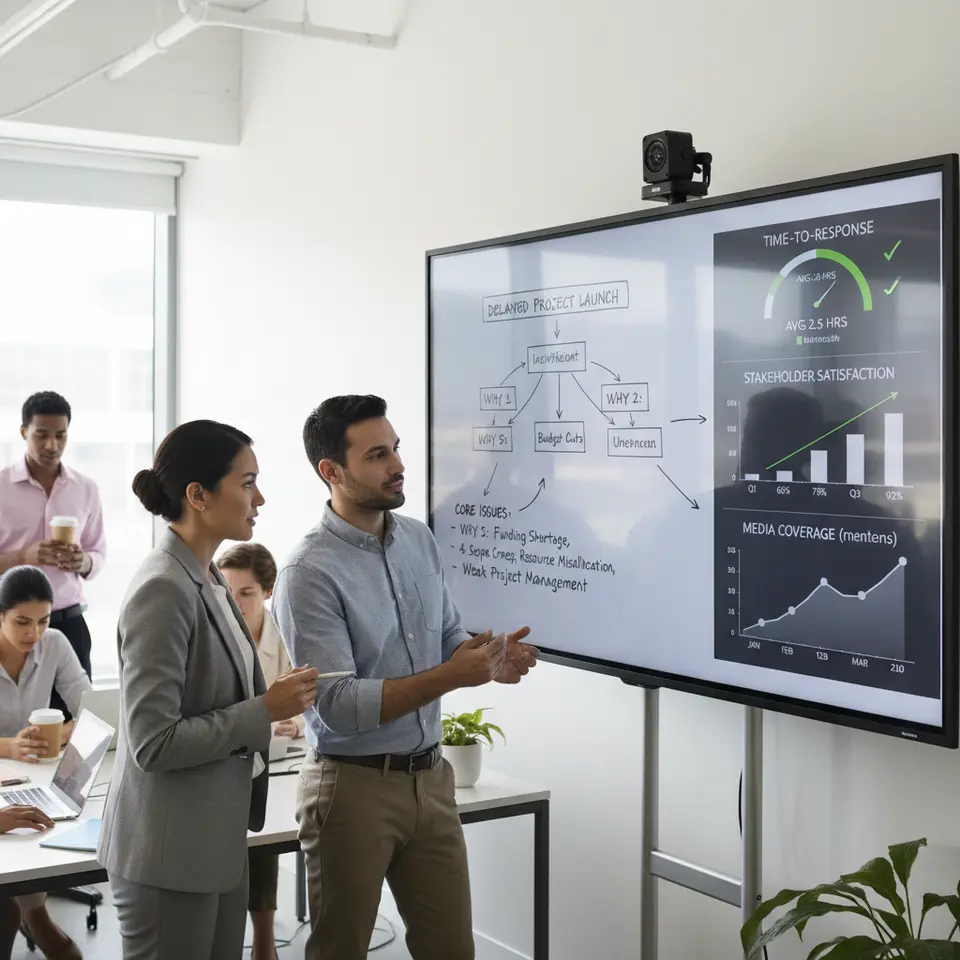 Root-Cause Analysis & Performance Dashboard: a split-screen visual featuring a large fishbone (Ishikawa) diagram tracing ‘5 Whys’ to core issues on one side, and on the other side dynamic charts and KPI gauges (time-to-response, stakeholder satisfaction, media coverage) tracking performance against benchmarks