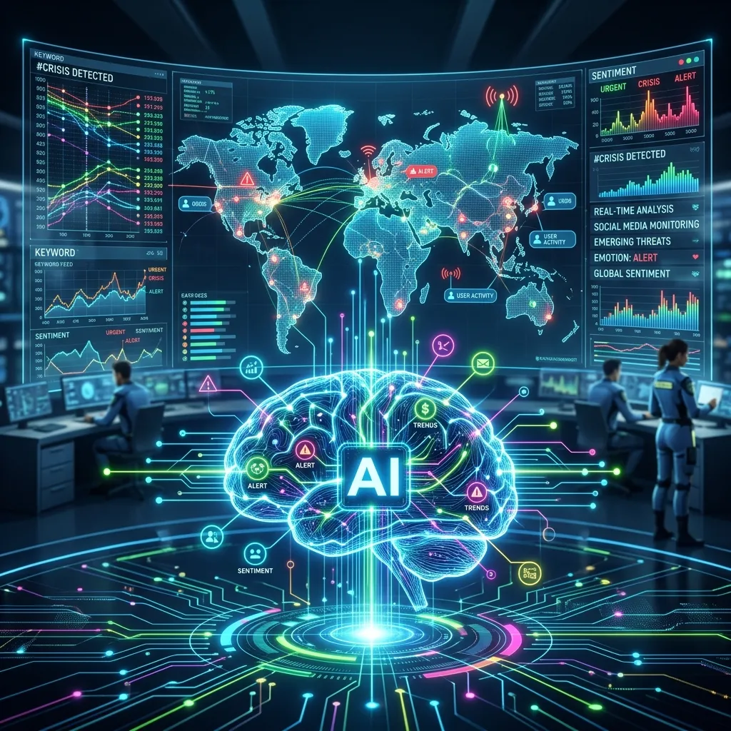 Digital dashboard displaying social listening analytics, sentiment tracking, and crisis alerts in real time.
