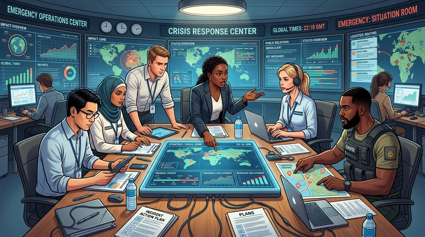 Corporate crisis communication team discussing response plans in a meeting room with laptops, charts, and social media dashboards.