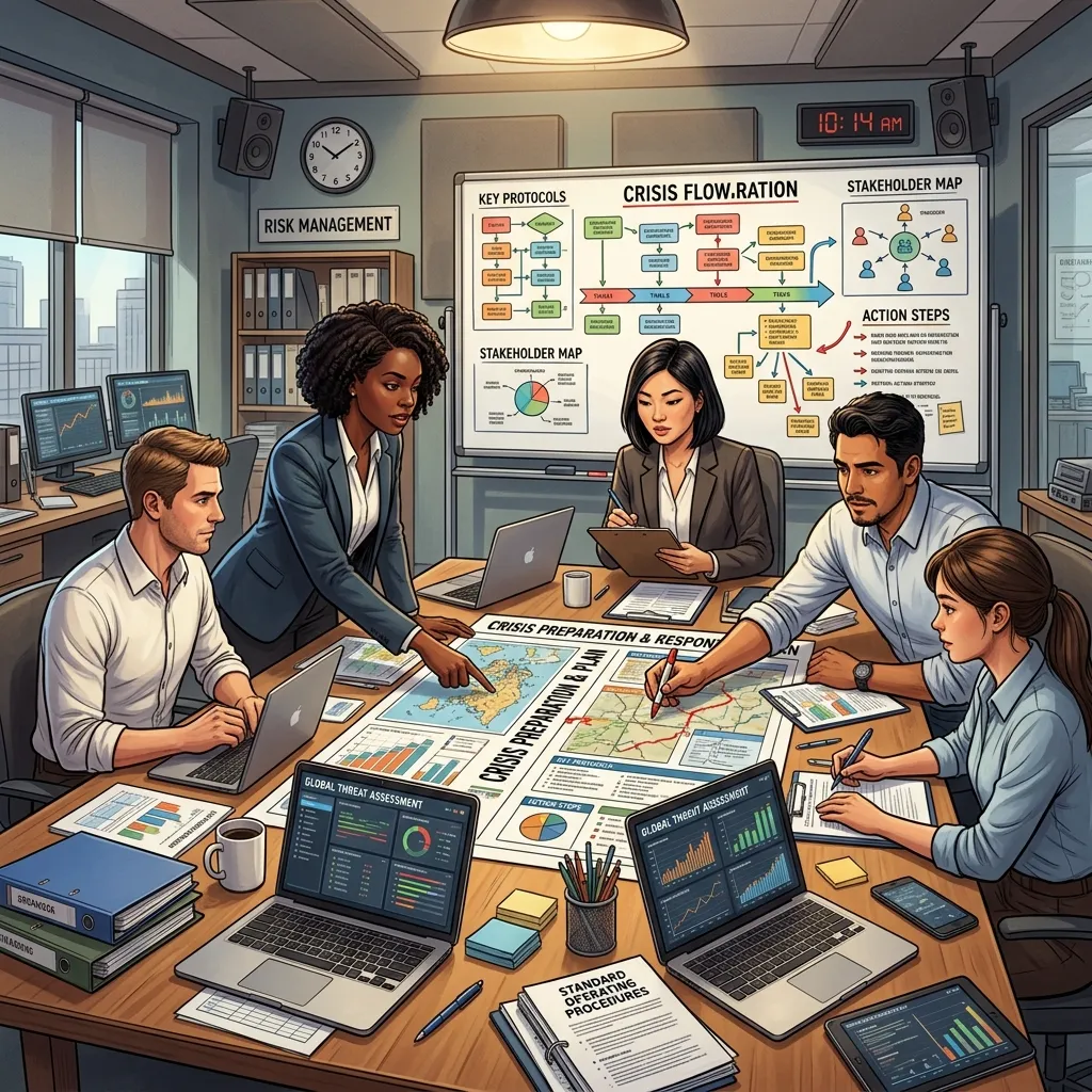 Business team planning a social media crisis strategy on a whiteboard with charts, risk scenarios, and communication flow diagrams in a modern office.