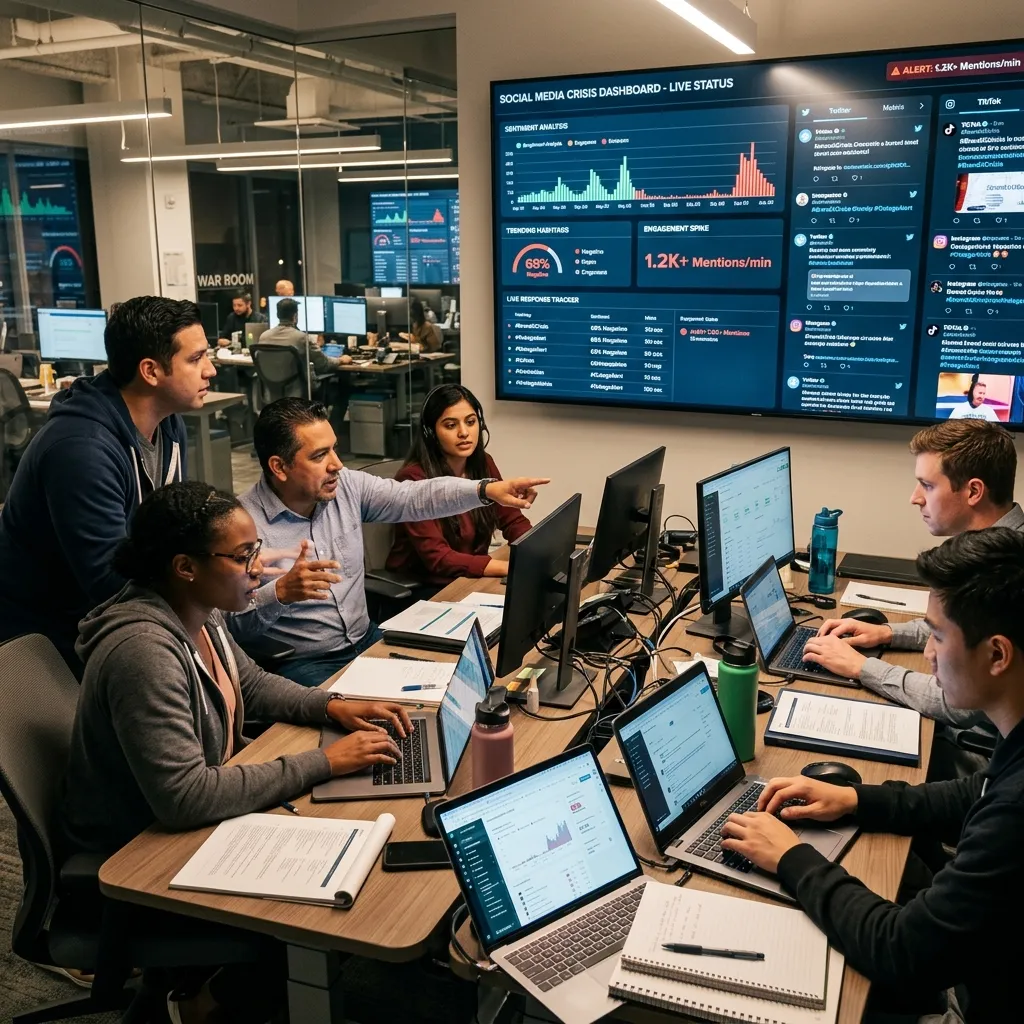 Marketing and PR team monitoring social media alerts on multiple screens while coordinating urgent responses during a brand crisis situation.