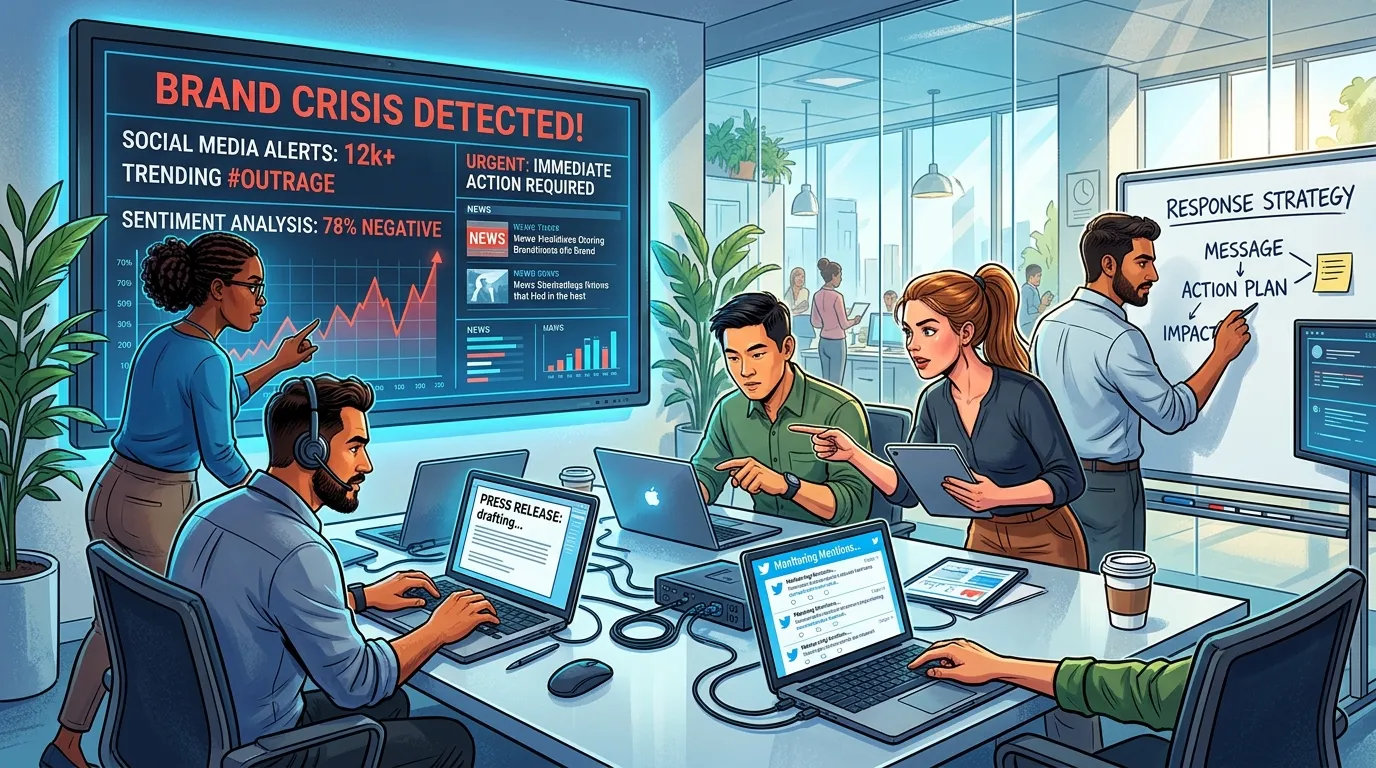 Social media manager monitoring negative comments and preparing a rapid online brand crisis response on multiple screens.