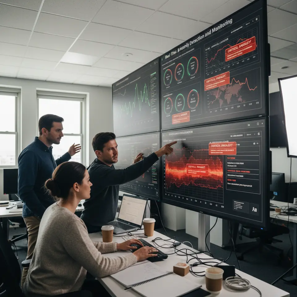Real-Time Anomaly Detection and Monitoring: an AI-driven operations dashboard displaying live network traffic flows, IoT sensor readouts (temperature, pressure, chemical levels), heat-map visualizations of detected irregularities, and pop-up alerts highlighting critical anomalies