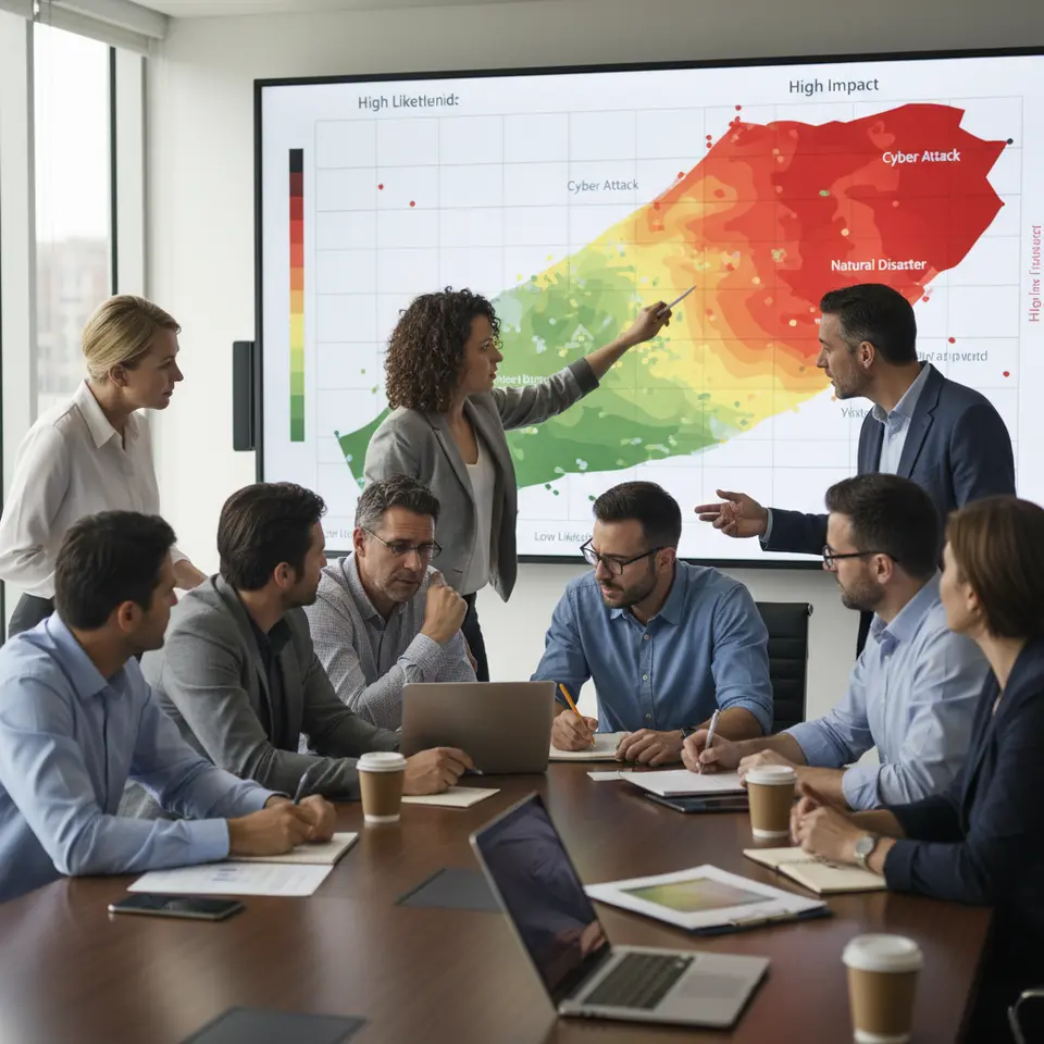 A cross-disciplinary crisis management team gathered around a large digital screen displaying a colorful risk heat map—threats plotted by likelihood and impact with high-risk zones in red and low-risk areas in green, team members pointing and taking notes