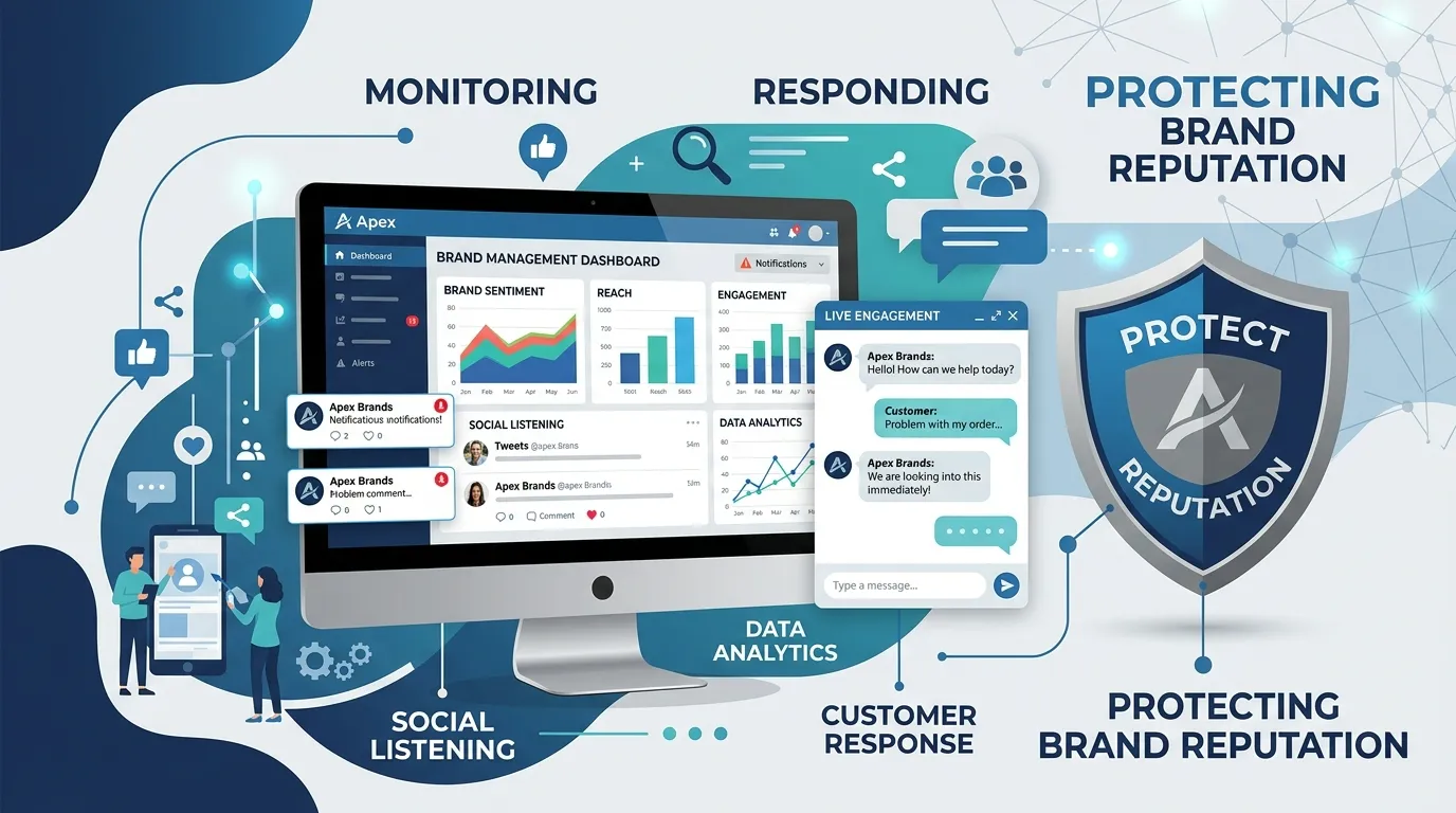 Social media manager monitoring brand mentions and online sentiment across multiple platforms to detect and manage crises.